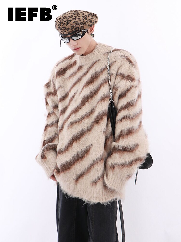 IEFB Niche Irregular Color Contrast Zebra Print Round Neck Men Sweater Loose Mohair Sweater Trend High 2023 Male Pullover 9A5526