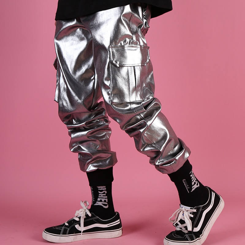 Casual Leather Harem Pant Male Streetwear Hip Hop Punk Silver  Multi Pocket Cargo Trouser Stage Clothes DJ Singer Pant Men