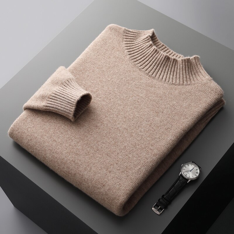 100% Pure Wool Cashmere Sweater Men's Half Turtleneck Pullover Casual Fashion Thickening Tops Knit Loose Patchwork Men's Jacket