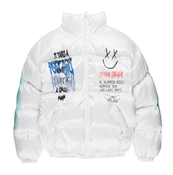 2021 Hip Hop Thick Jacket Parka Happy Graffiti Print Men Windbreaker Streetwear Harajuku Winter Padded Jacket Coat Warm Outwear