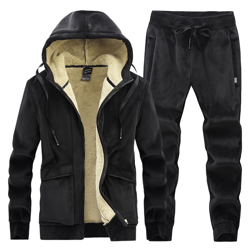 Brand Mens Fleece Men Set Winter Thick Tracksuit Male Winter Warm Hooded Outerwear Suit Mens Hoodies + Pants Sportswear Sets