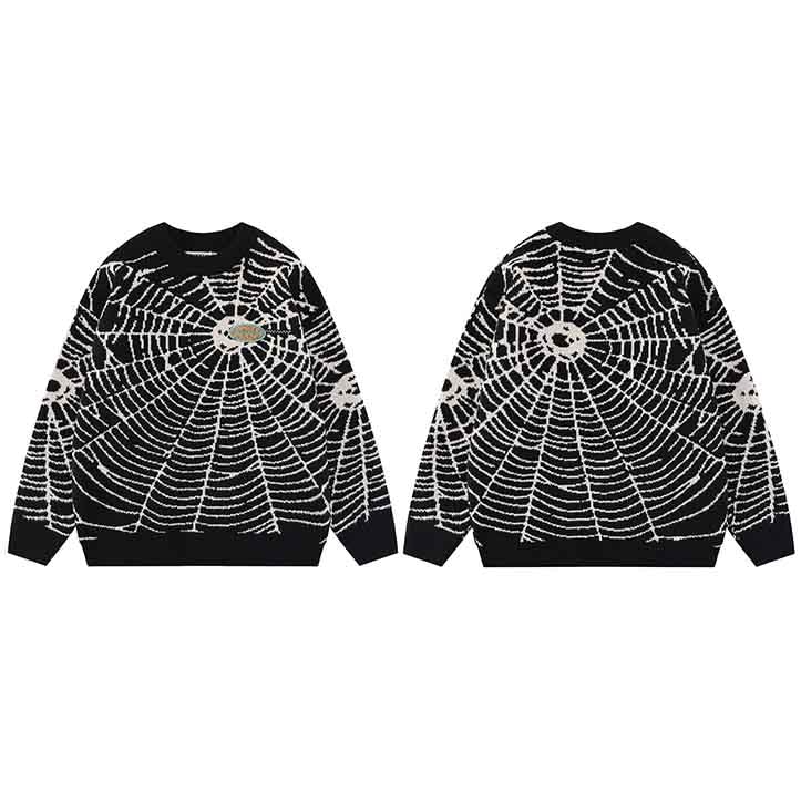 2023 Men Streetwear Sweater Hipster Spider Web Graphic Hip Hop Knitted Sweater Casual Loose Pullover Sweater Black Purple