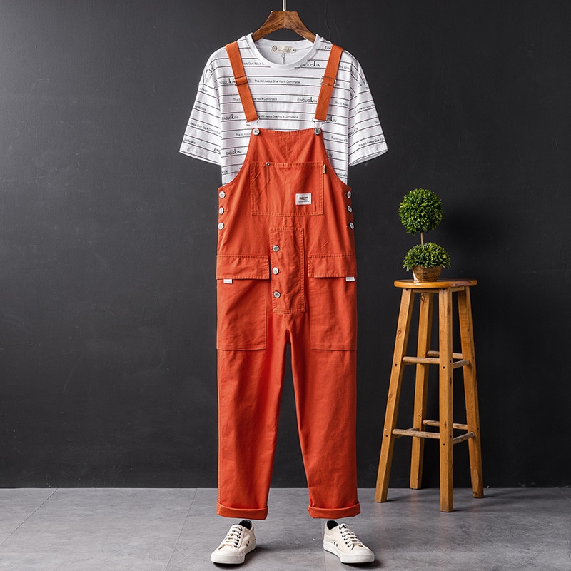 2021 Summer Men Bib Pants Solid Color Casual Jumpsuits Women Streetwear Joggers Multi Pockets Fashion Suspenders Cargo Overalls