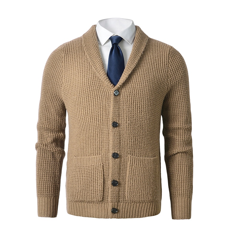 Men's Shawl Collar Cardigan Sweater Slim Fit Cable Knit Button up Merino wool Sweater with Pockets