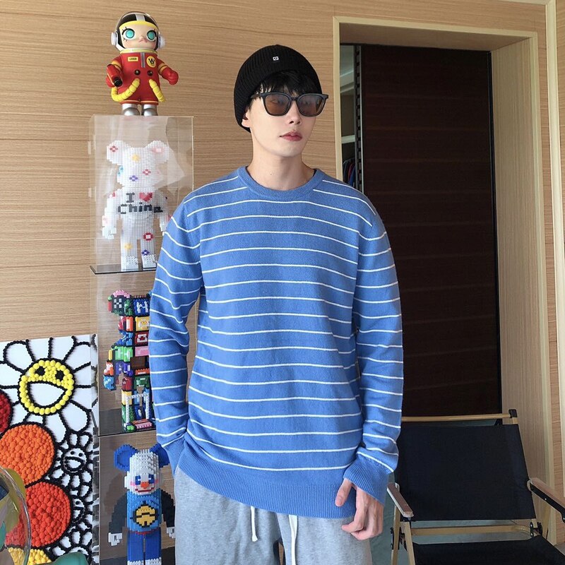 MVLYFLRT 100% Pure Wool Cashmere Sweater Men Crew Neck Pullover Casual Fashion Stripe Top Knit Loose Sweater Men Jacket