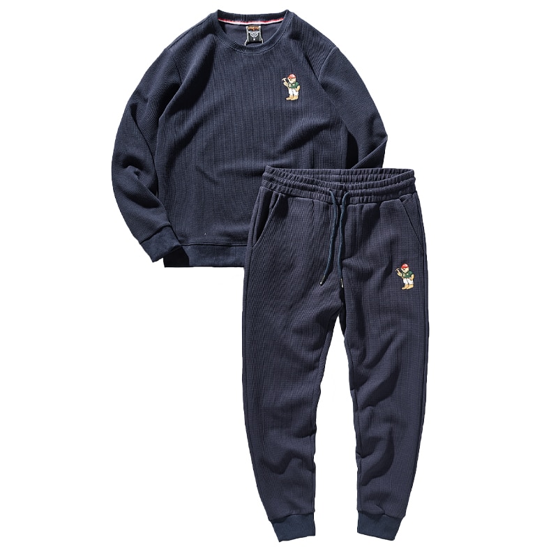 Autumn and Winter Heavyweight Casual Hoodies + Sweaterpants Two-piece Suit Men's Retro Waffle Long Sleeve Round Neck Sportwear