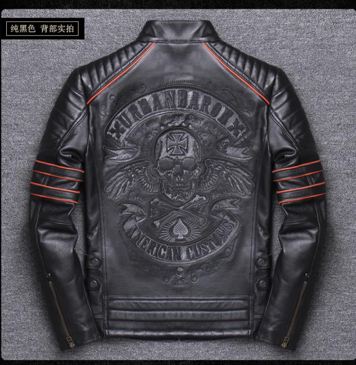 Free shipping.Brand skull cowhide coat.Cool black slim genuine leather jacket,Rider leather cloth.Chaqueta de cuero esqueleto