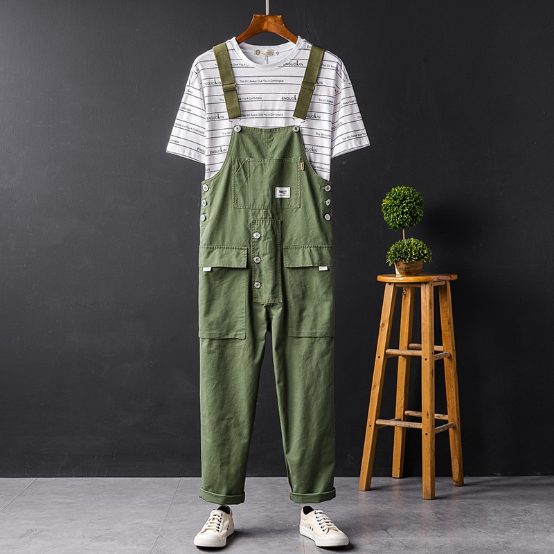 2021 Summer Men Bib Pants Solid Color Casual Jumpsuits Women Streetwear Joggers Multi Pockets Fashion Suspenders Cargo Overalls