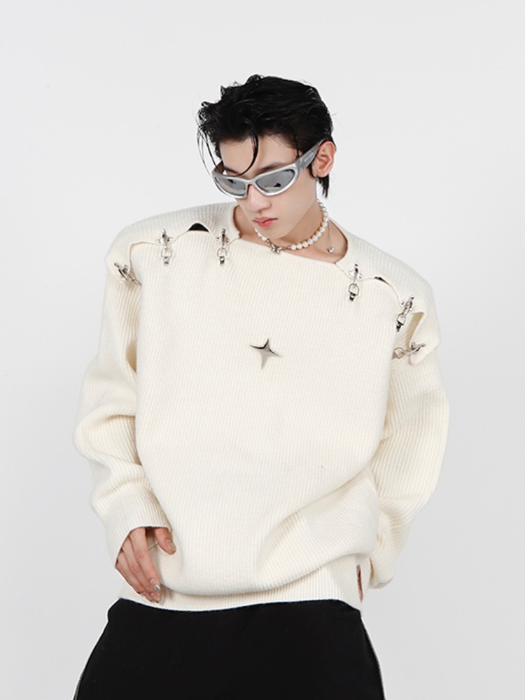 IEFB Men's Knitted Sweater New Autumn Winter Korean Fashion Metal Buckle Hollow Out Design 2023 Solid Color Male Tops 9A5467