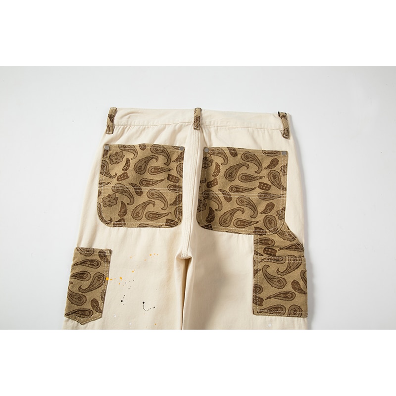 Hip Hop Khaki Cashew Flower Overalls Ink Splashing Rice White Multi-color Stitching Stiff Straight Canvas Retro Cargo Pants Men