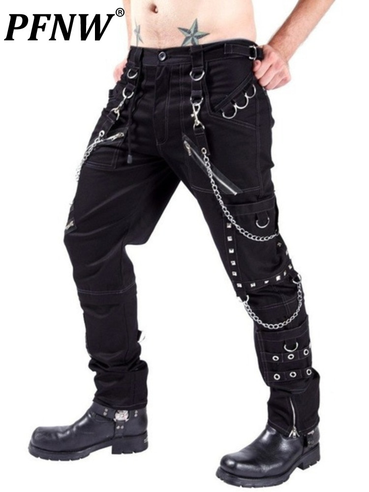 PFNW Punk Rock And Roll Show Pants Men's Gothic Dark Style Slim Metal Splic Pencil Trousers Autumn New Skinny Clothing