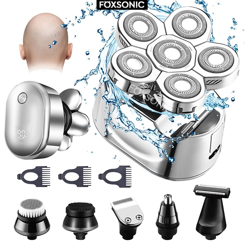 FOXSONIC 2021 New Style 6 in 1 Rechargeable Electric Shaver 6 Floating Heads Bald Electric Shaver Grooming Kit Shaver For Men