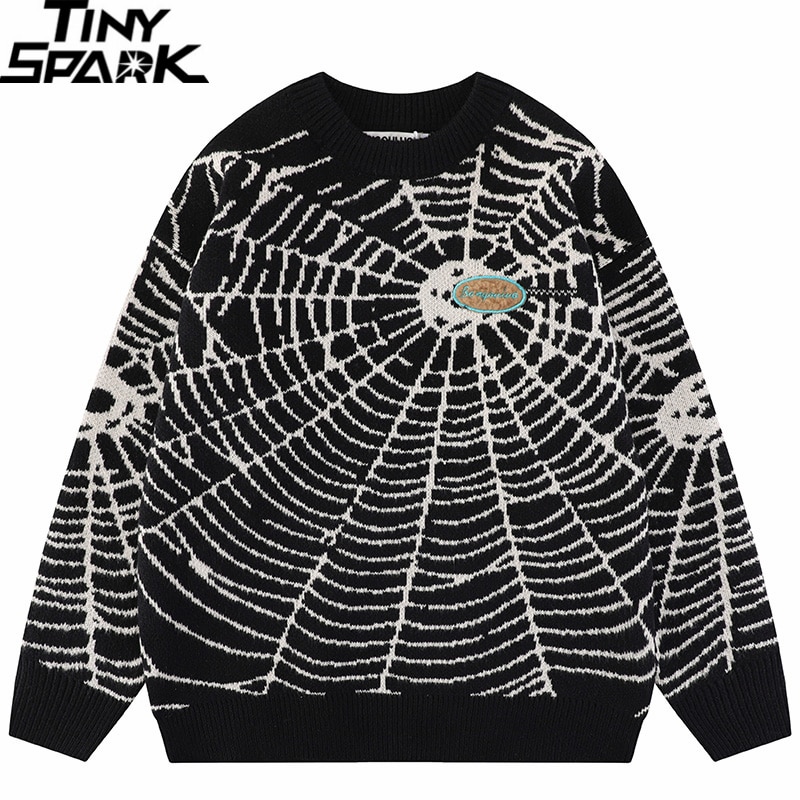 2023 Men Streetwear Sweater Hipster Spider Web Graphic Hip Hop Knitted Sweater Casual Loose Pullover Sweater Black Purple