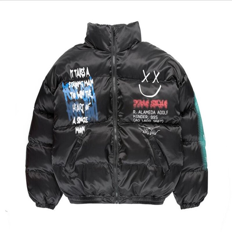 2021 Hip Hop Thick Jacket Parka Happy Graffiti Print Men Windbreaker Streetwear Harajuku Winter Padded Jacket Coat Warm Outwear