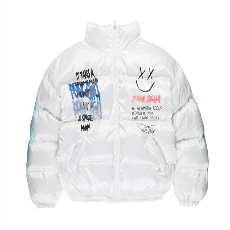 2021 Hip Hop Thick Jacket Parka Happy Graffiti Print Men Windbreaker Streetwear Harajuku Winter Padded Jacket Coat Warm Outwear