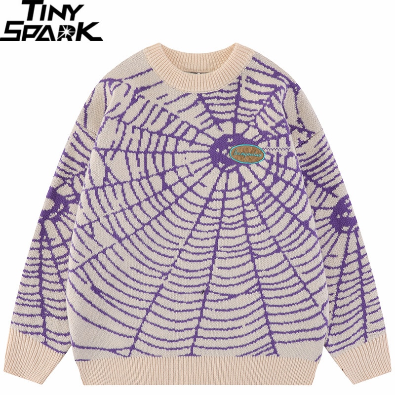 2023 Men Streetwear Sweater Hipster Spider Web Graphic Hip Hop Knitted Sweater Casual Loose Pullover Sweater Black Purple