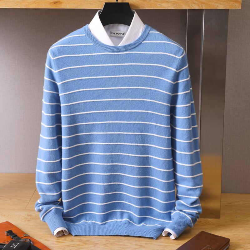 MVLYFLRT 100% Pure Wool Cashmere Sweater Men Crew Neck Pullover Casual Fashion Stripe Top Knit Loose Sweater Men Jacket