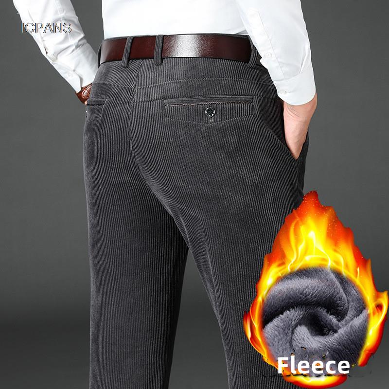 Winter Corduroy Mens Pants Thick Warm Fleece Casual Pants Business Classic Fitted Version Black Brown Trousers For Men Clothing