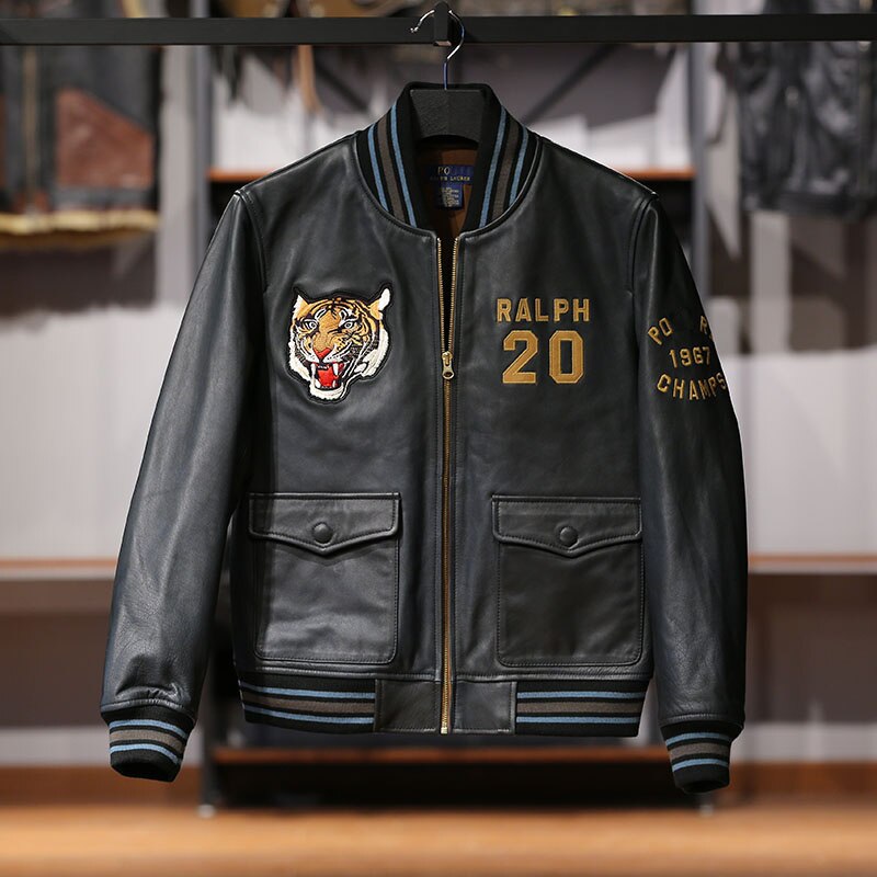 2022 top quality stand collar real leather jacket baseball tiger embroidery vegetable tanned sheep leather coat
