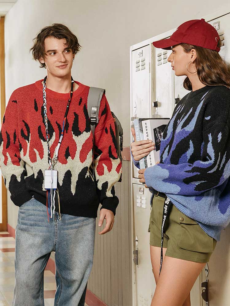 ZAFUL Sweater for Men Fire Flame Graphic Sweaters Y2K Streetwear Knit Pullover Long Sleeves Fall Winter Warm Jumper masculino