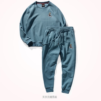 Autumn and Winter Heavyweight Casual Hoodies + Sweaterpants Two-piece Suit Men's Retro Waffle Long Sleeve Round Neck Sportwear