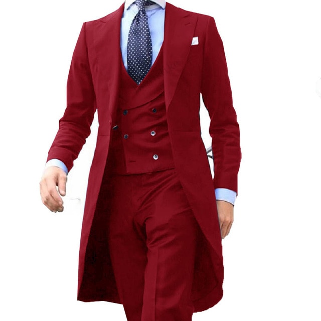 2022 New Arrivel Long Coat Designs Chinese Red Men Suit Gentle  Tuxedo Prom Blazer Custom 3 Pieces (Jacket+Vest+Pants)