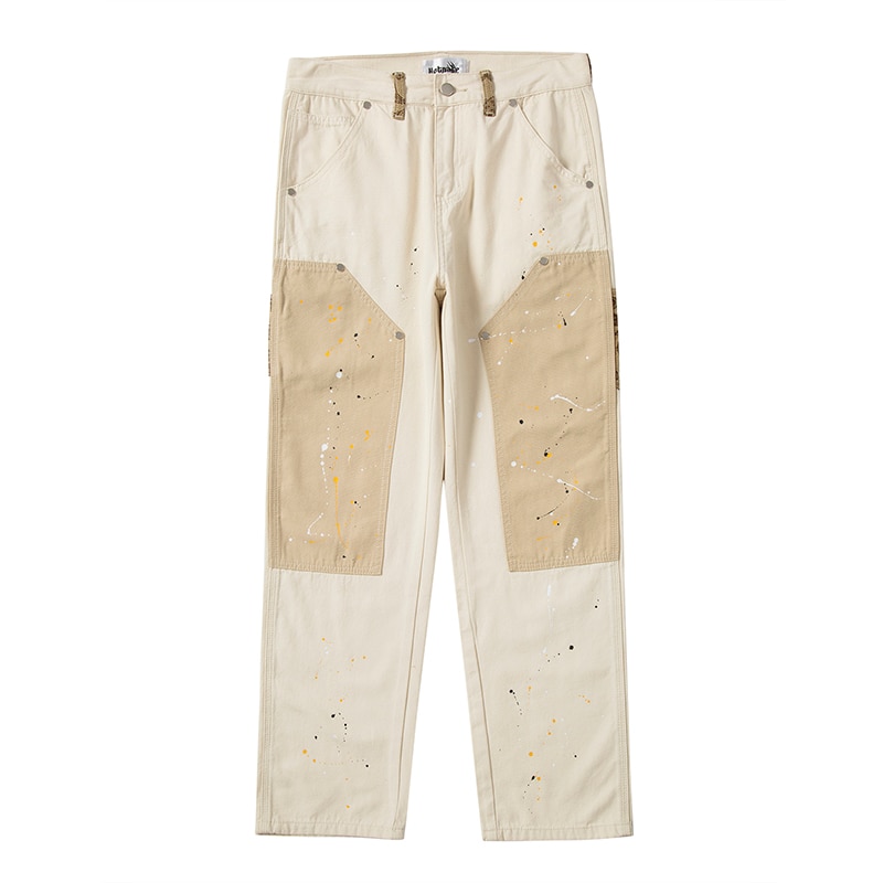 Hip Hop Khaki Cashew Flower Overalls Ink Splashing Rice White Multi-color Stitching Stiff Straight Canvas Retro Cargo Pants Men