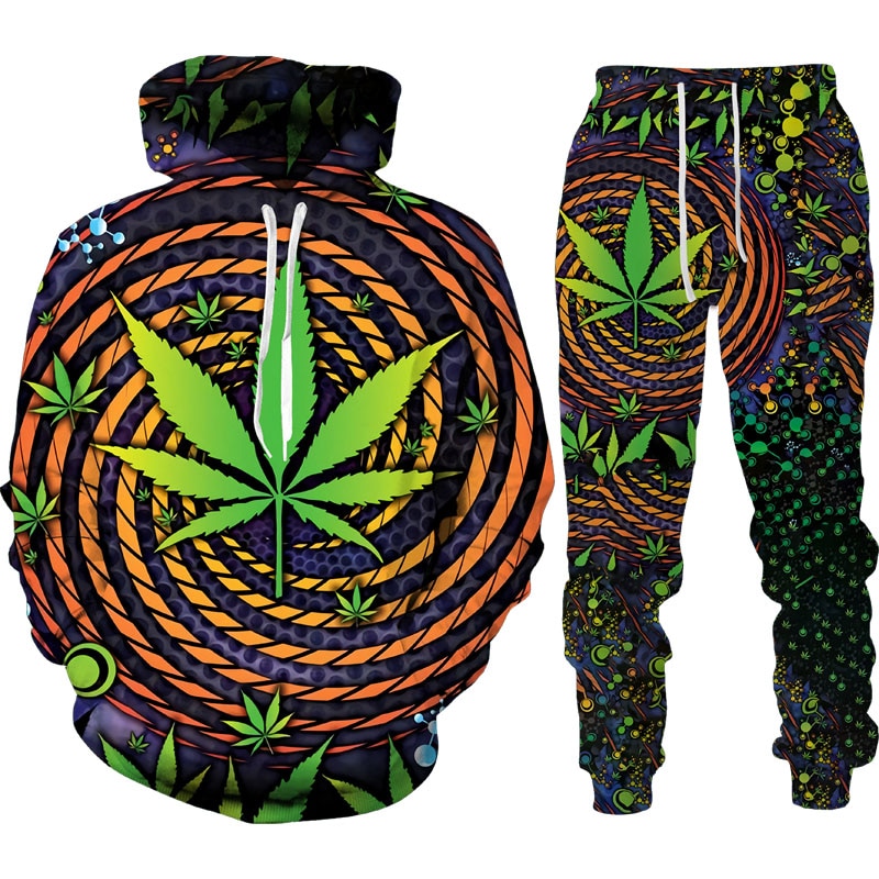 Autumn Winter 3D Plant Poisonous Weed Printed Men's Hooded Sweater Set Male Sportswear Tracksuit Long Sleeve Men Clothing Suit