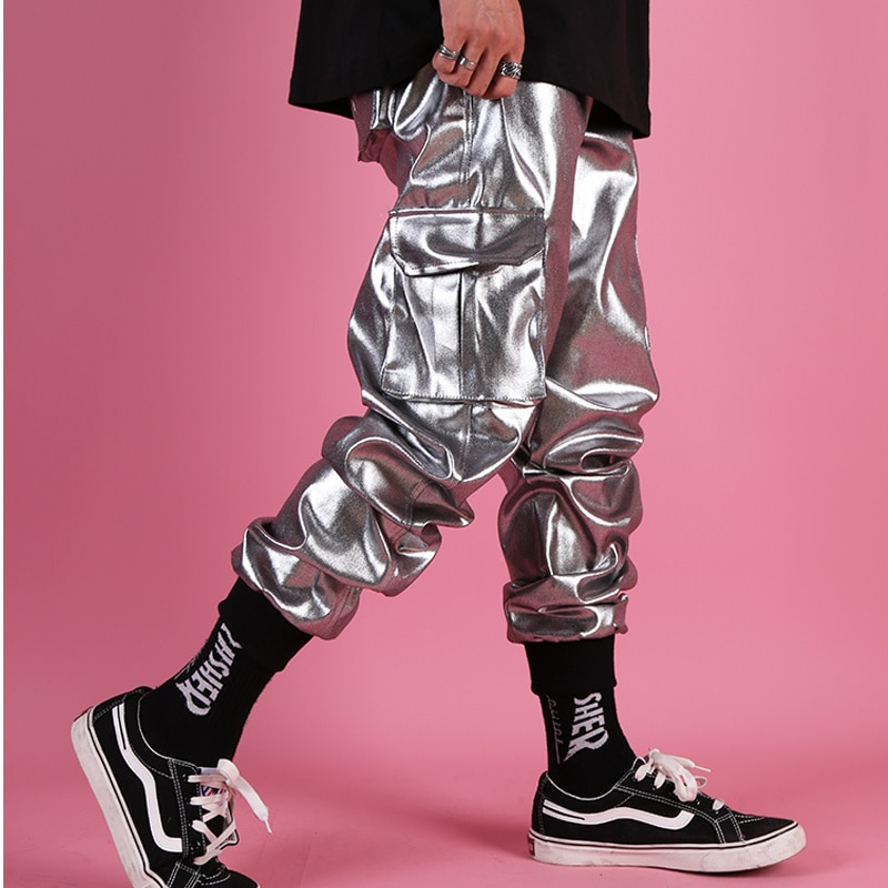 Casual Leather Harem Pant Male Streetwear Hip Hop Punk Silver  Multi Pocket Cargo Trouser Stage Clothes DJ Singer Pant Men