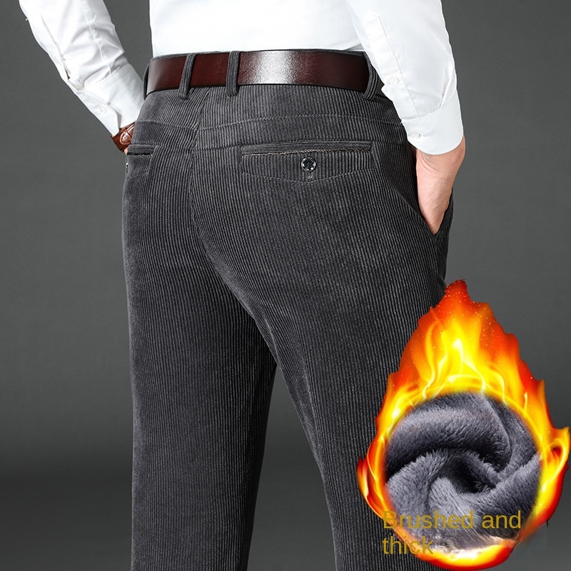Winter Corduroy Mens Pants Thick Warm Fleece Casual Pants Business Classic Fitted Version Black Brown Trousers For Men Clothing