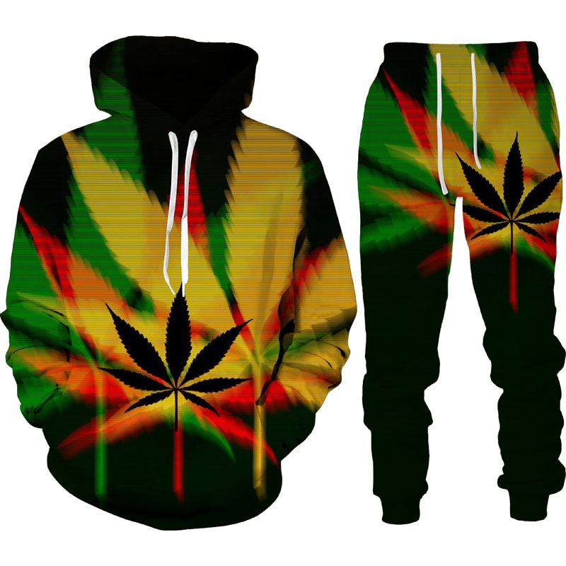 Autumn Winter 3D Plant Poisonous Weed Printed Men's Hooded Sweater Set Male Sportswear Tracksuit Long Sleeve Men Clothing Suit