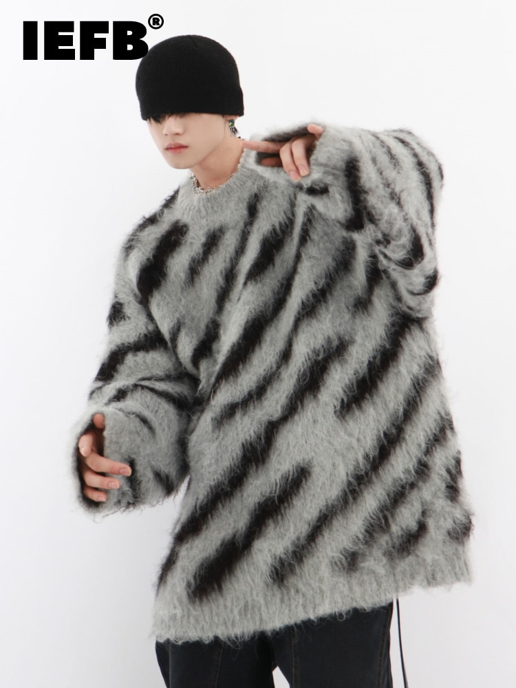 IEFB Niche Irregular Color Contrast Zebra Print Round Neck Men Sweater Loose Mohair Sweater Trend High 2023 Male Pullover 9A5526