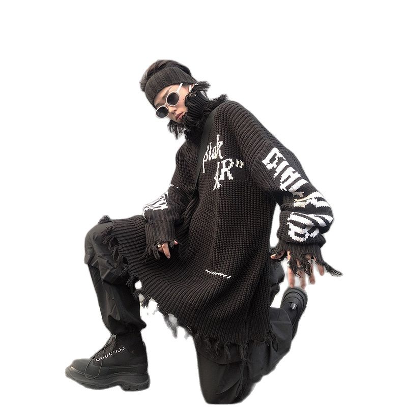 2021 Ripped Hole Punk Turtleneck Sweater Mens Harajuku Vintage Pullover Women Embroidery Hip Hop Goth Knitted Sweater Jerseys