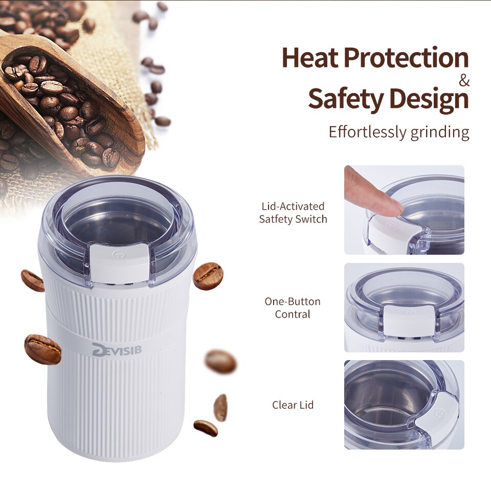 DEVISIB Coffee Grinder Electric 50g with Stainless Steel Blade and Bowl Brush Including for Making Beans Nuts Spice Sugar Grains