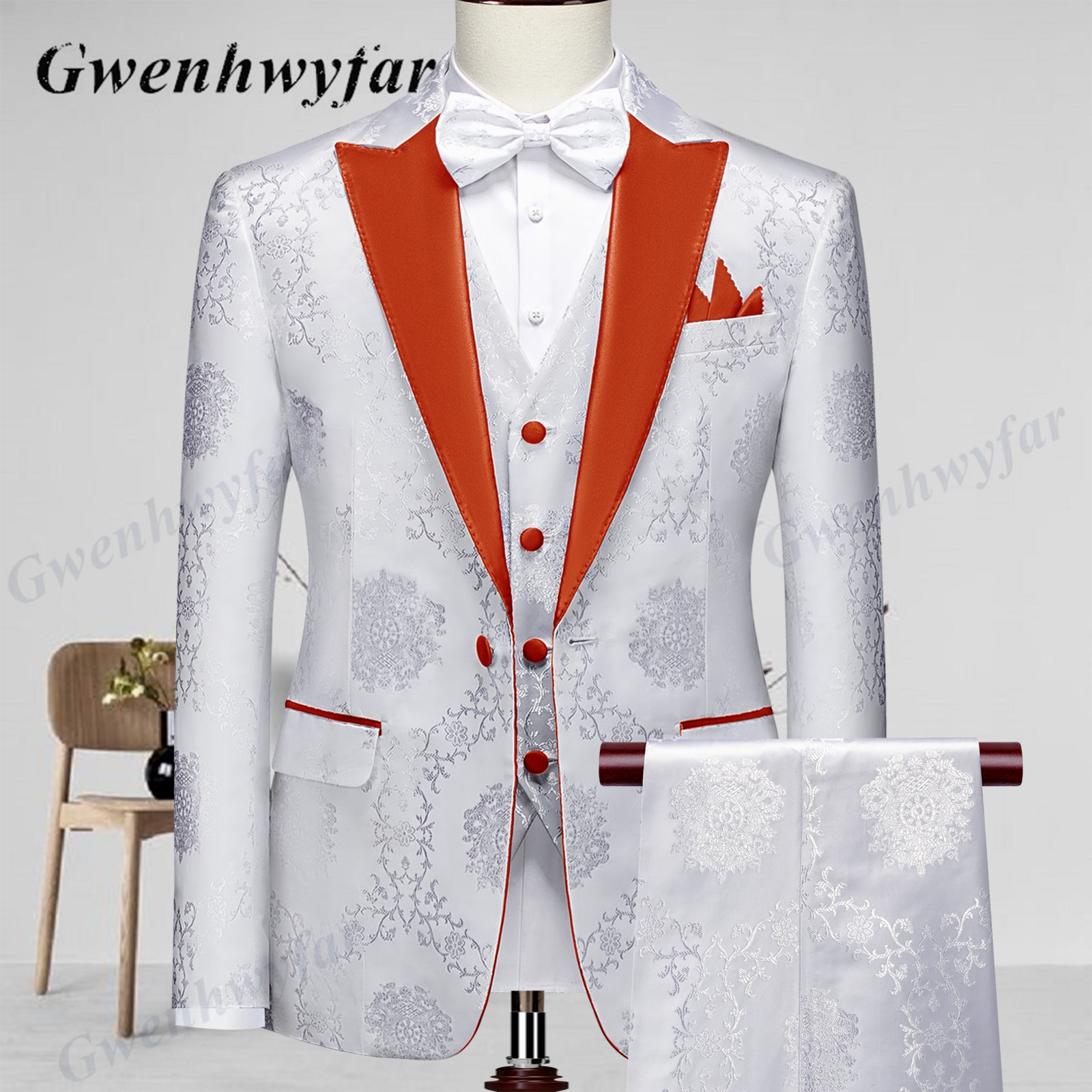 Gwenhwyfar High Quality Men Wedding Tuxedos 2022 Mist Pink Peak Lapel Men Blazer Trousers Waistcoat in White Pattern Material