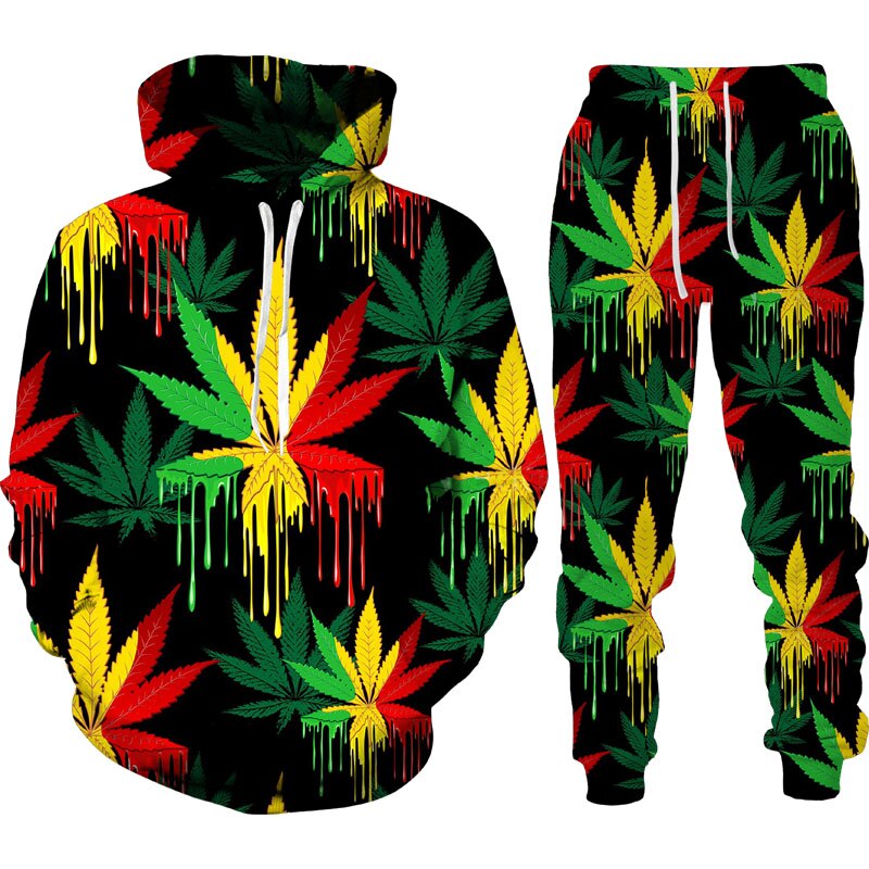 Autumn Winter 3D Plant Poisonous Weed Printed Men's Hooded Sweater Set Male Sportswear Tracksuit Long Sleeve Men Clothing Suit