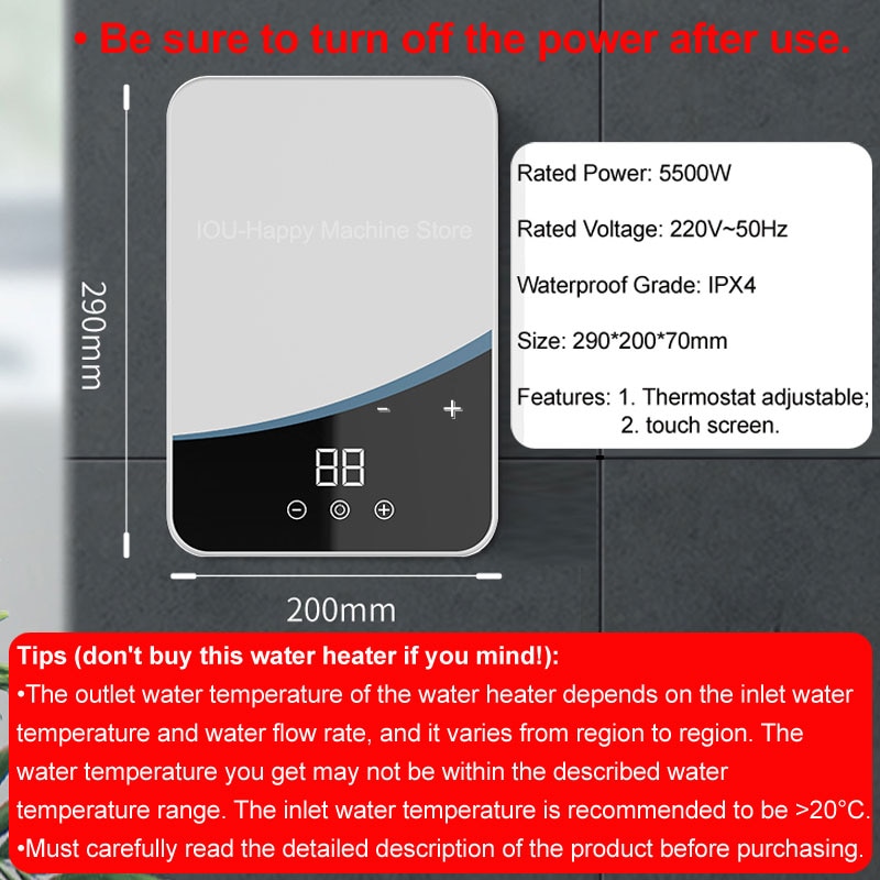 5500W Temperature Adjustable Instant Tankless Electric Hot Water Heater Kitchen Bathroom Shower Hot Water Fast Heating EU Plug