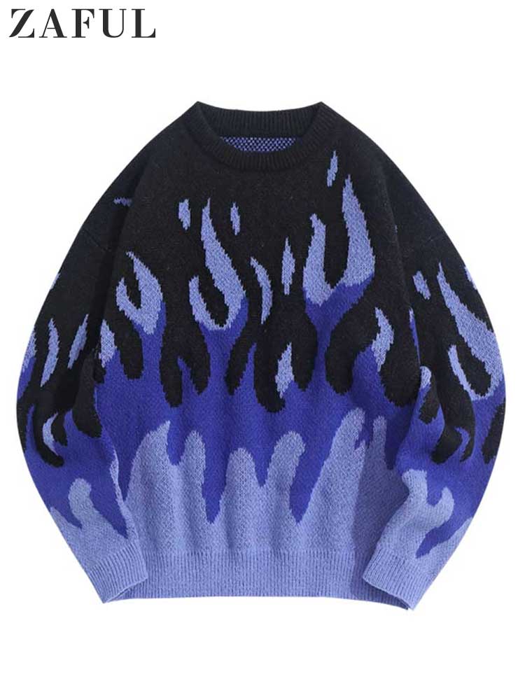 ZAFUL Sweater for Men Fire Flame Graphic Sweaters Y2K Streetwear Knit Pullover Long Sleeves Fall Winter Warm Jumper masculino