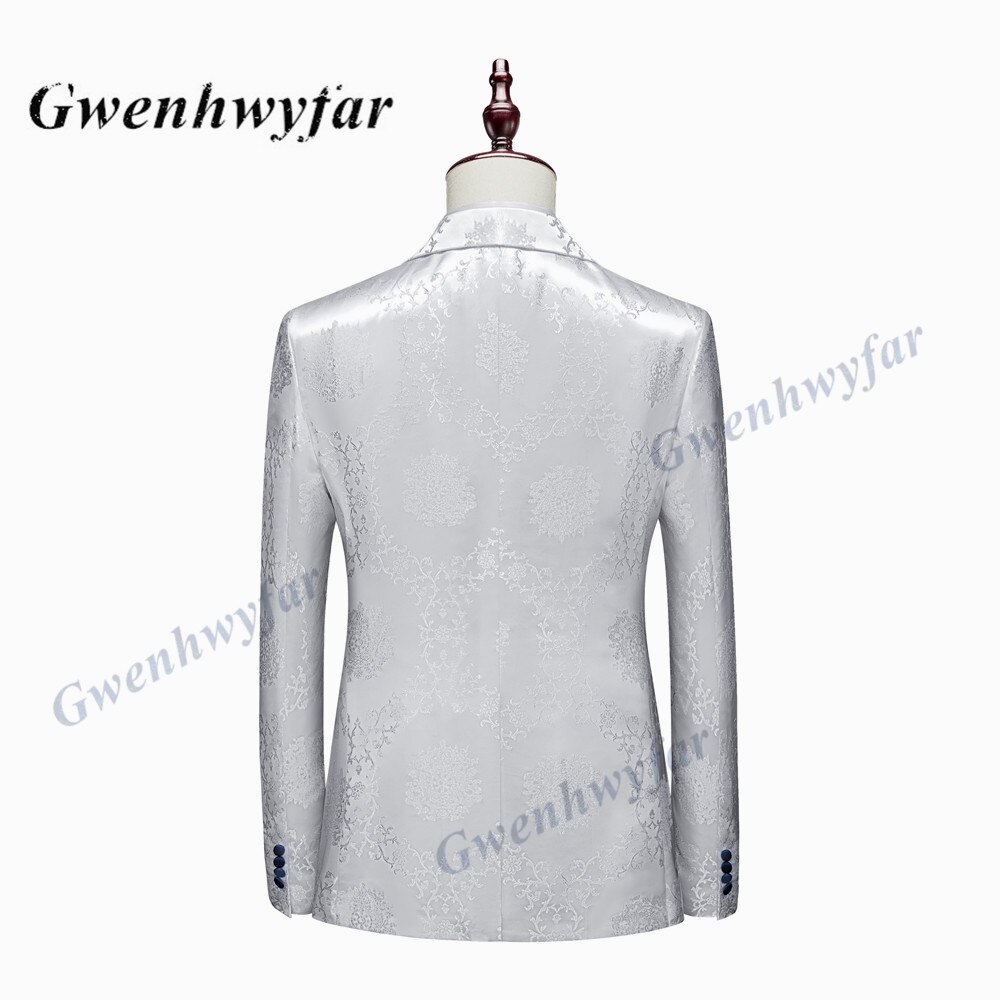 Gwenhwyfar High Quality Men Wedding Tuxedos 2022 Mist Pink Peak Lapel Men Blazer Trousers Waistcoat in White Pattern Material