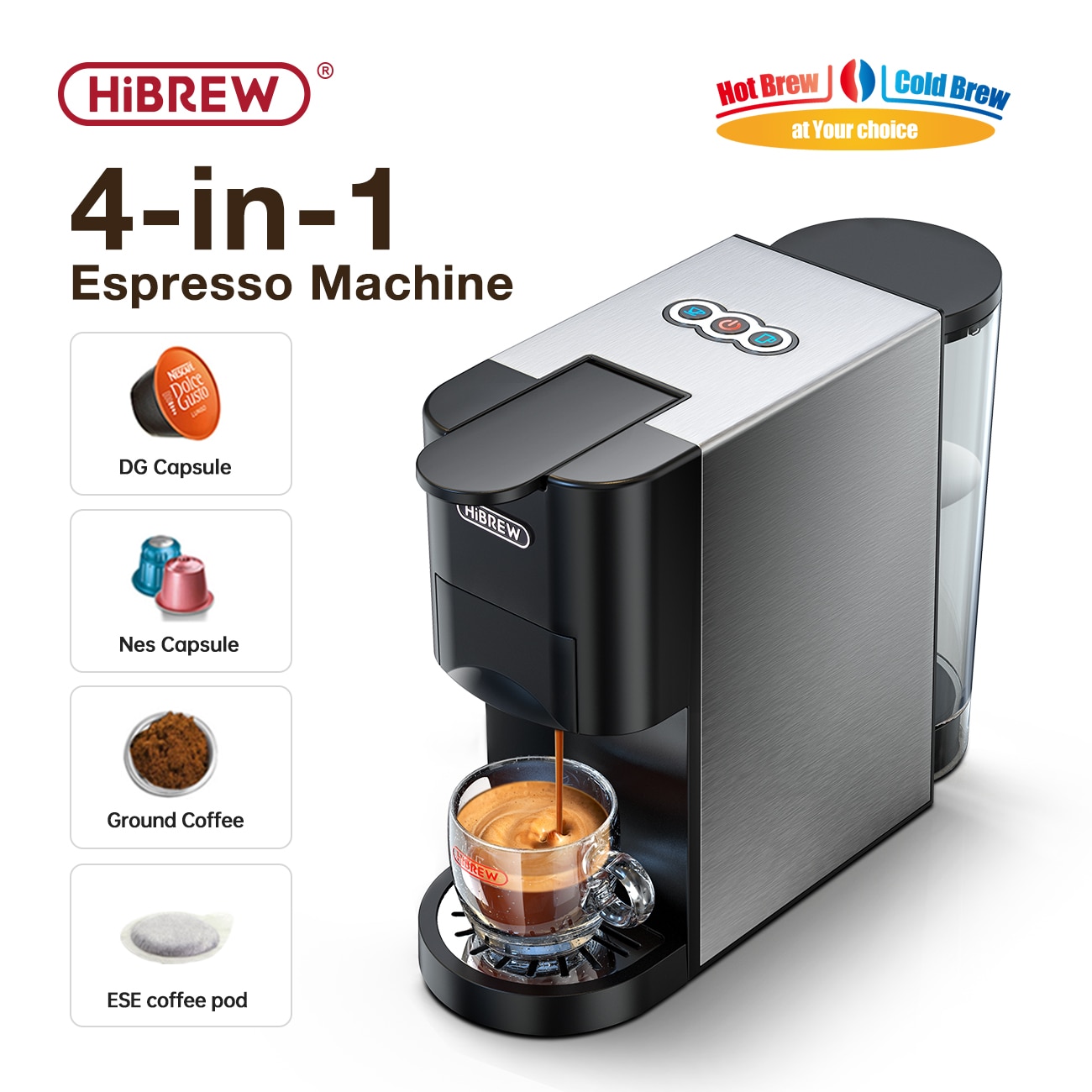 HiBREW Coffee Machine 4in1 Multiple Capsule Espresso  Dolce Milk&Nespresso&ESE Pod&Powder Coffee Maker Stainless Metal Outook H3