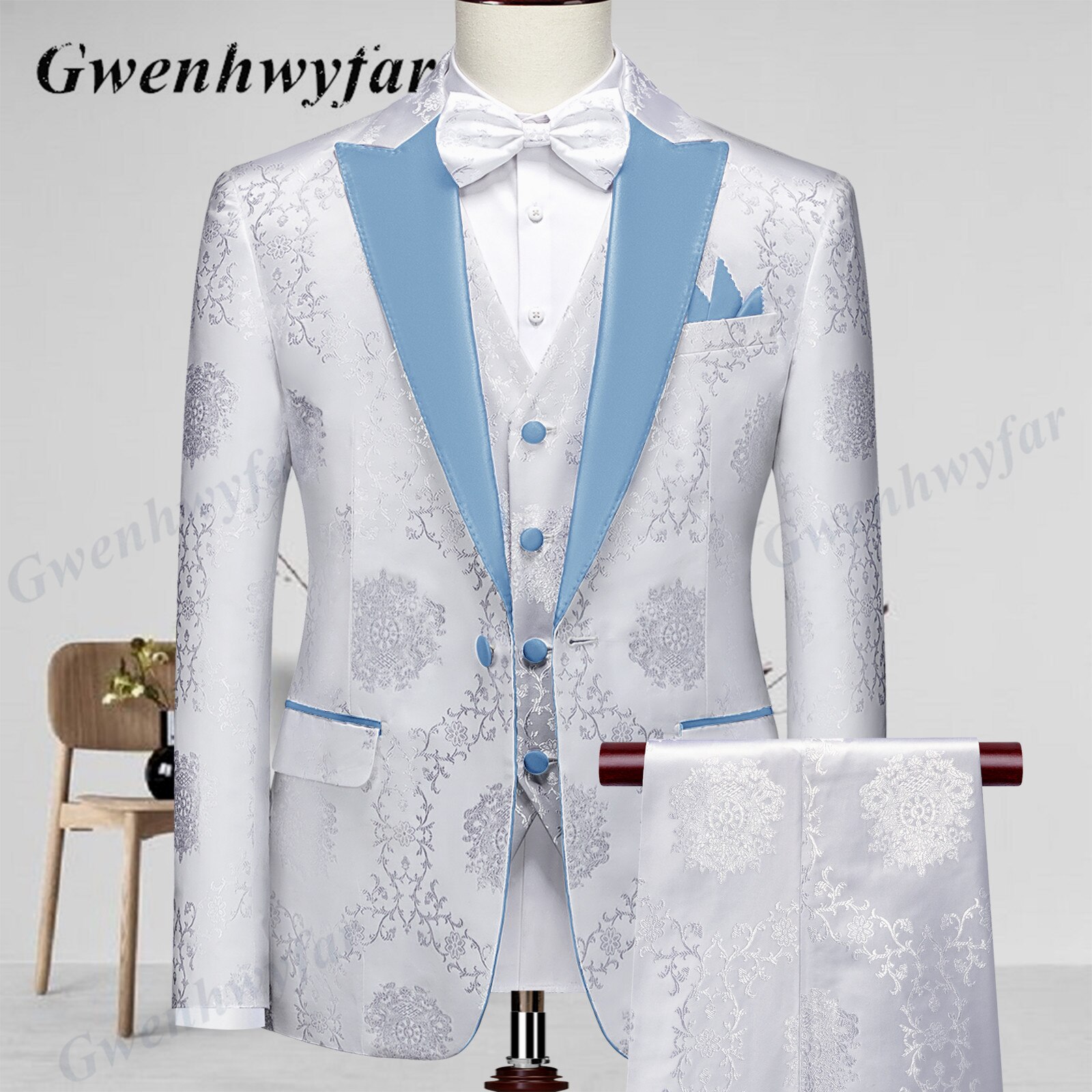 Gwenhwyfar High Quality Men Wedding Tuxedos 2022 Mist Pink Peak Lapel Men Blazer Trousers Waistcoat in White Pattern Material