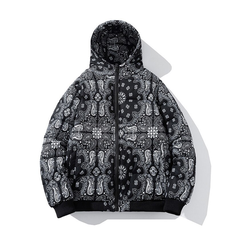 2022 Winter Jacket Men Bandana Print Patchwork Cotton Padded Coat Thick Warm Hooded Varsity College University Outerwear New