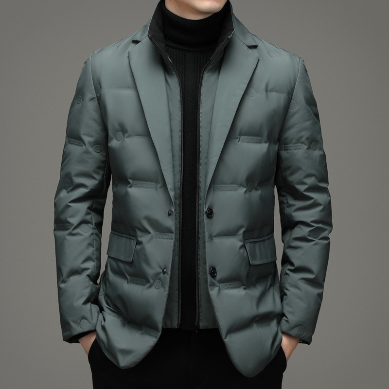 2023 Men's Winter New Fake Two-Piece Warm blazer Business Leisure Warm Stand-up Collar down Jacket