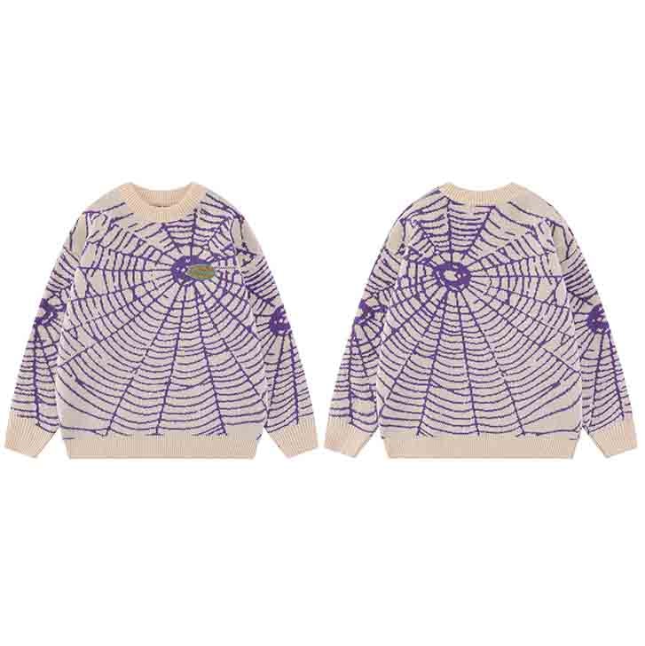 2023 Men Streetwear Sweater Hipster Spider Web Graphic Hip Hop Knitted Sweater Casual Loose Pullover Sweater Black Purple
