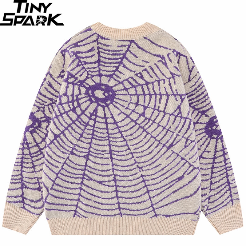 2023 Men Streetwear Sweater Hipster Spider Web Graphic Hip Hop Knitted Sweater Casual Loose Pullover Sweater Black Purple