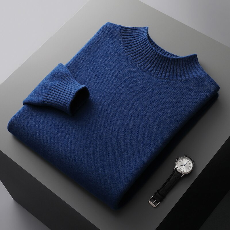 100% Pure Wool Cashmere Sweater Men's Half Turtleneck Pullover Casual Fashion Thickening Tops Knit Loose Patchwork Men's Jacket