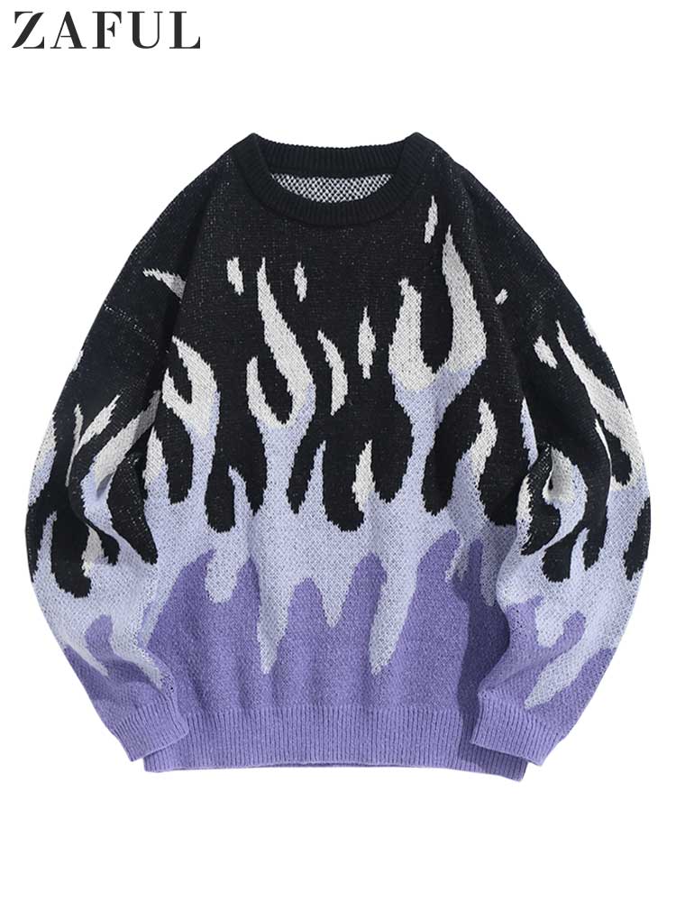 ZAFUL Sweater for Men Fire Flame Graphic Sweaters Y2K Streetwear Knit Pullover Long Sleeves Fall Winter Warm Jumper masculino