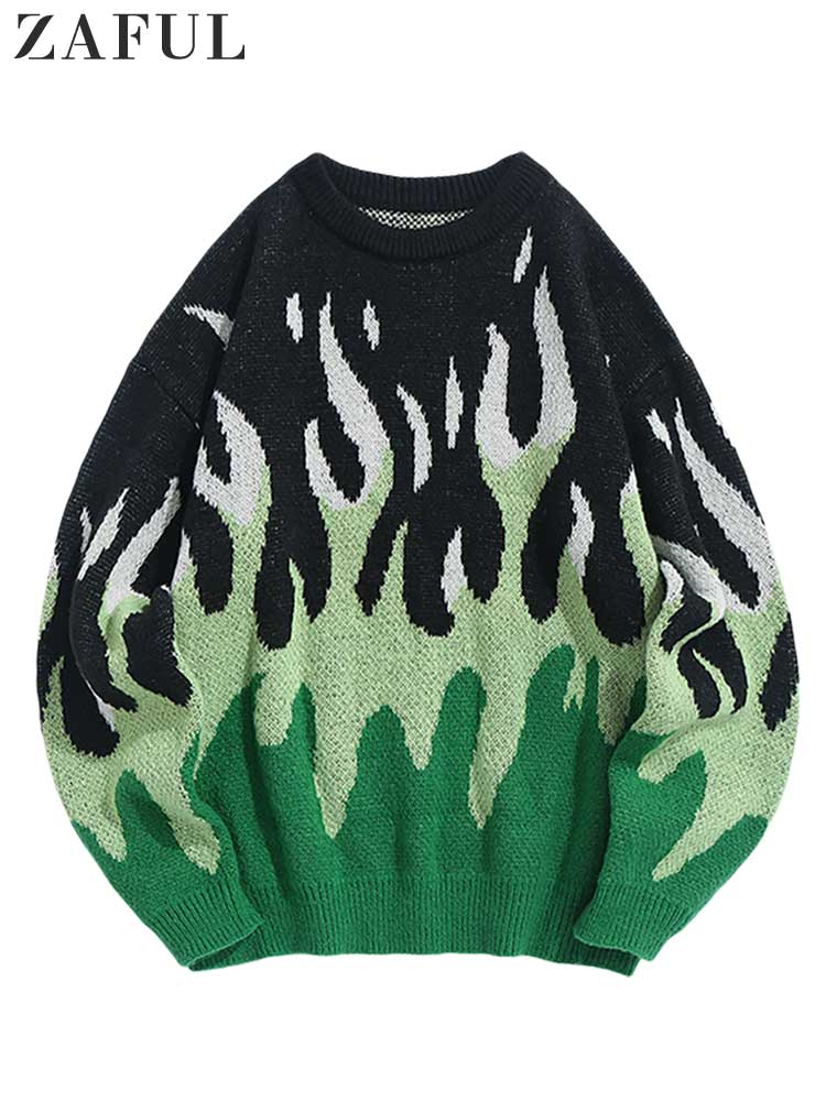 ZAFUL Sweater for Men Fire Flame Graphic Sweaters Y2K Streetwear Knit Pullover Long Sleeves Fall Winter Warm Jumper masculino