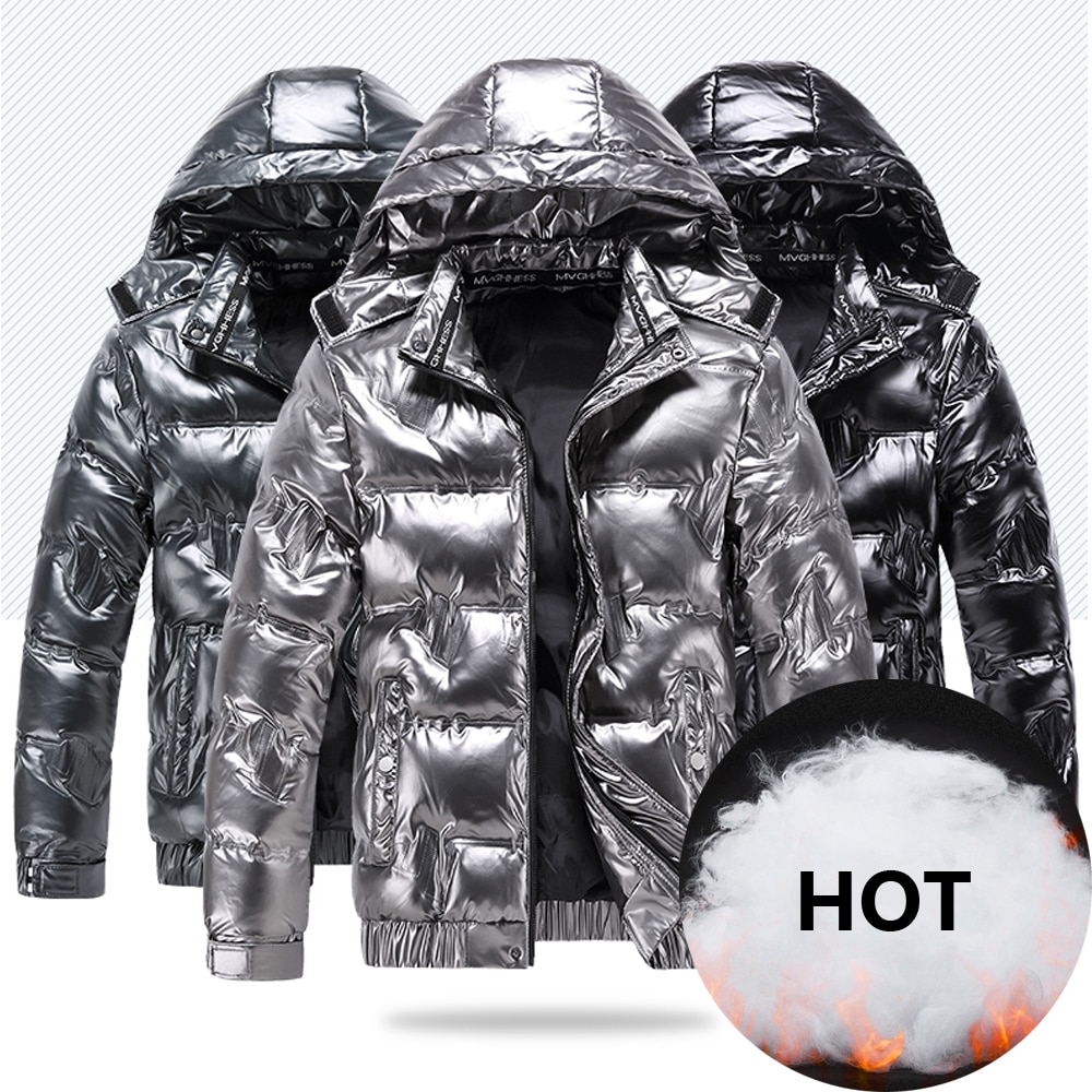 New Bright Leather Winter Men's Jacket Casual Parka Outwear Waterproof Puffer Padding Warm Stand With Hood Outwearing Coat