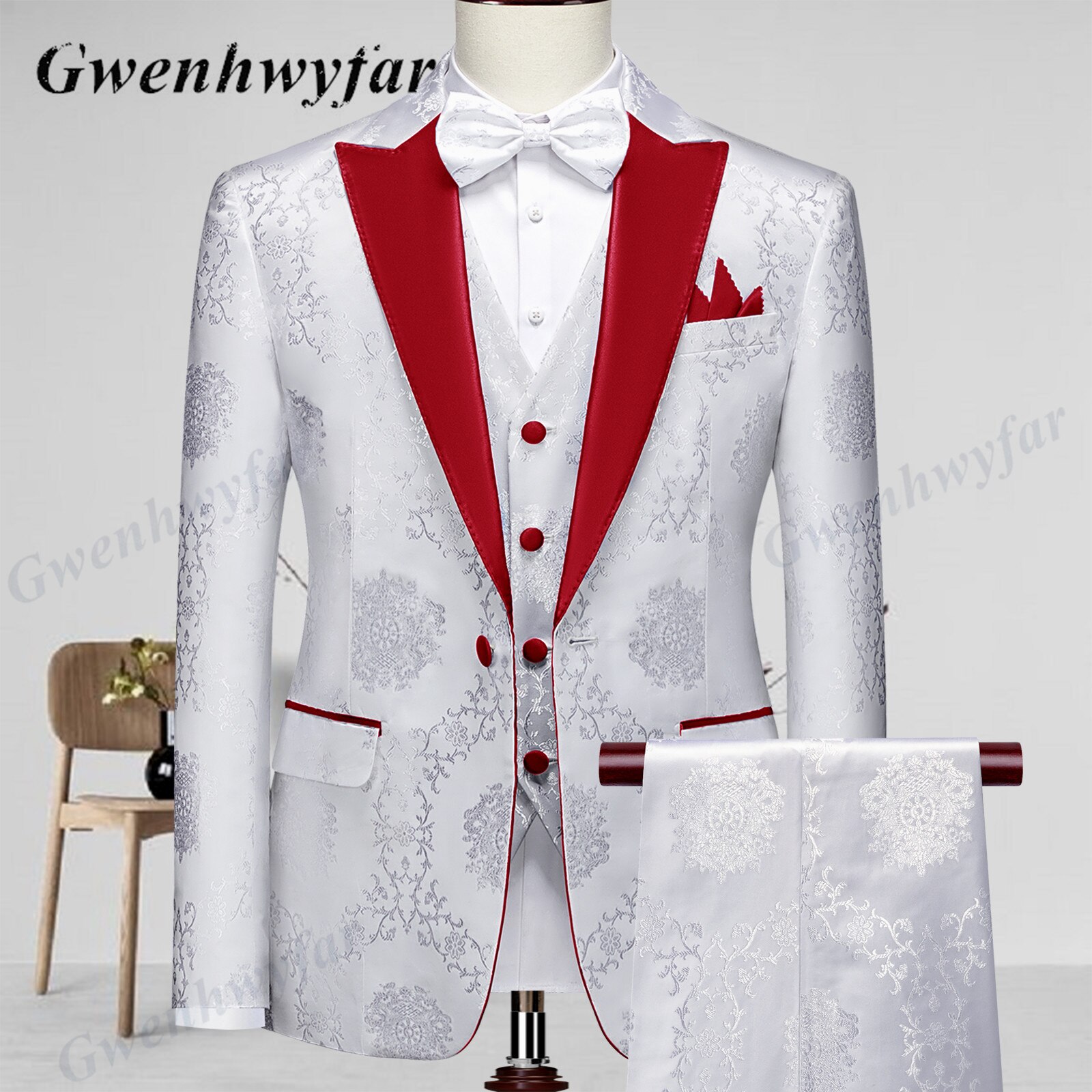 Gwenhwyfar High Quality Men Wedding Tuxedos 2022 Mist Pink Peak Lapel Men Blazer Trousers Waistcoat in White Pattern Material